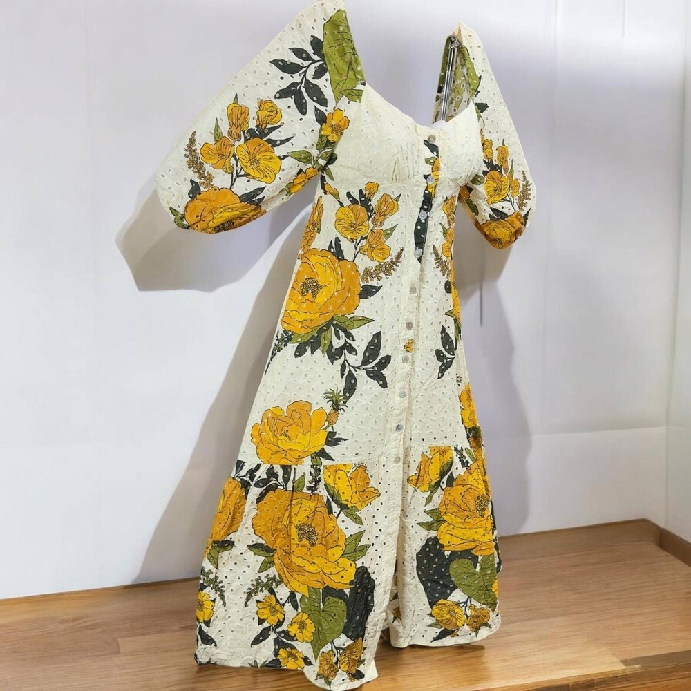 Farm Rio Maxi Dress Womens Small Quiet Garden Floral Eyelet Puff Sleeve Summer - Picture 10 of 10